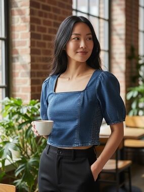 Old Navy NWT Denim  Square-Neck Puff-Sleeve Denim Crop Top Size Large